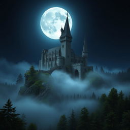 A mystical medieval castle rising from a rocky hilltop, surrounded by a lush forest enshrouded in soft fog