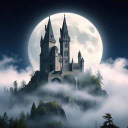 A mystical medieval castle rising from a rocky hilltop, surrounded by a lush forest enshrouded in soft fog