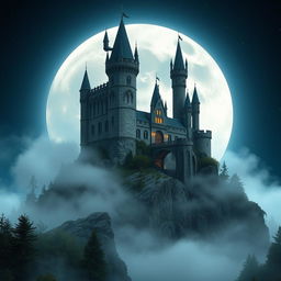 A mystical medieval castle rising from a rocky hilltop, surrounded by a lush forest enshrouded in soft fog