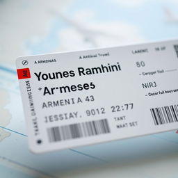 A realistic close-up photograph of an airline ticket to Armenia