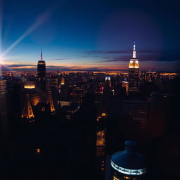 A stunning cityscape at night featuring vibrant city lights twinkling in the background, capturing the essence of an urban night scene with a cinematic feel