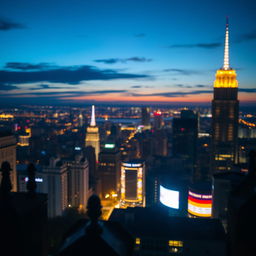 A stunning cityscape at night featuring vibrant city lights twinkling in the background, capturing the essence of an urban night scene with a cinematic feel