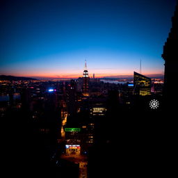 A stunning cityscape at night featuring vibrant city lights twinkling in the background, capturing the essence of an urban night scene with a cinematic feel