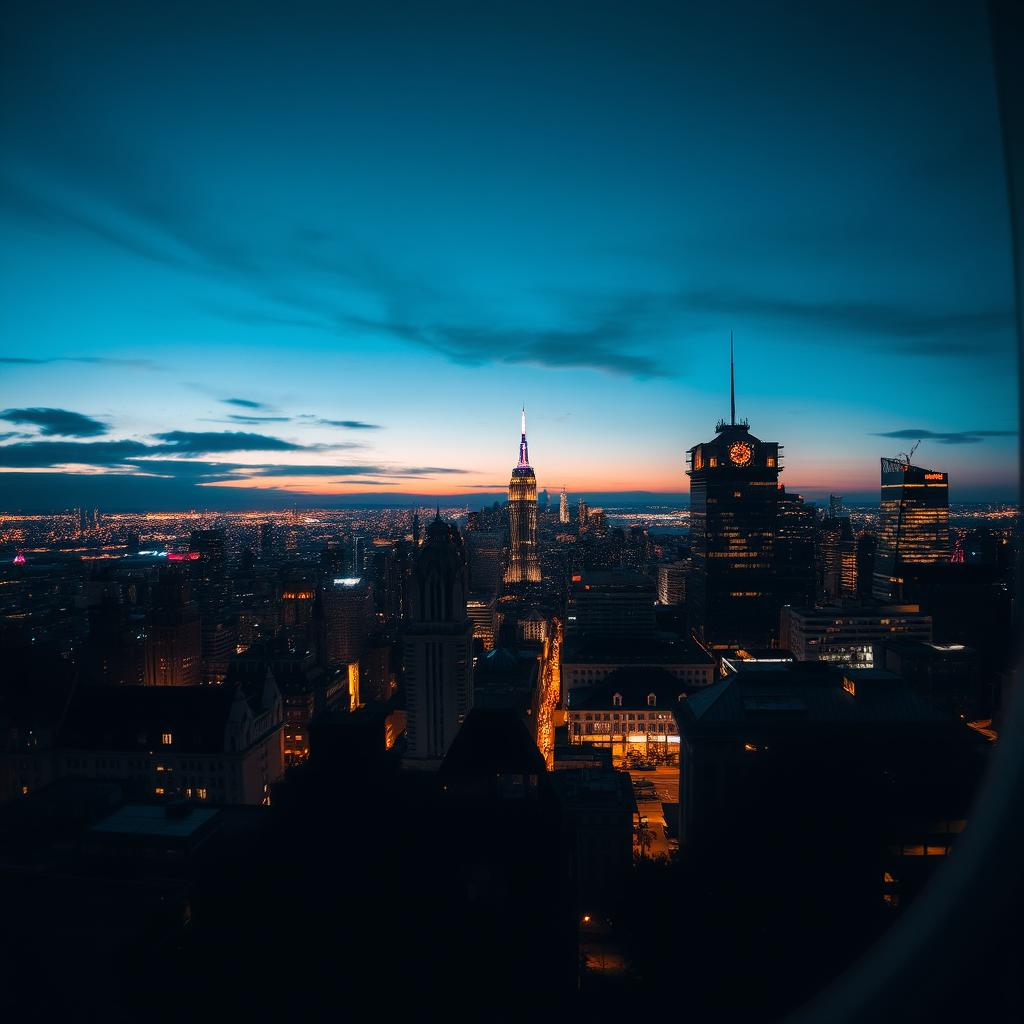 A stunning cityscape at night featuring vibrant city lights twinkling in the background, capturing the essence of an urban night scene with a cinematic feel