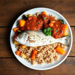 A beautifully plated serving of Thieboudienne, a healthy and halal Senegalese dish
