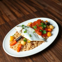 A beautifully plated serving of Thieboudienne, a healthy and halal Senegalese dish