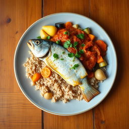 A beautifully plated serving of Thieboudienne, a healthy and halal Senegalese dish