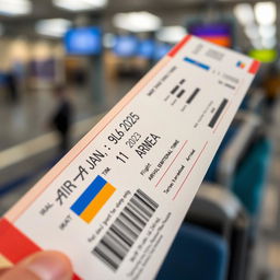A realistic and detailed image of an air ticket, depicting a flight from Iran to Armenia on January 1, 2025