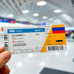 A realistic and detailed image of an air ticket, depicting a flight from Iran to Armenia on January 1, 2025