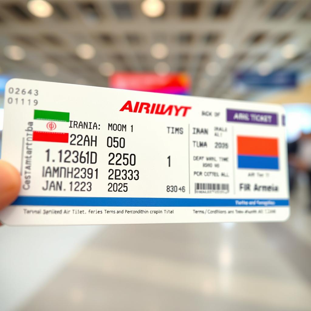 A realistic and detailed image of an air ticket, depicting a flight from Iran to Armenia on January 1, 2025