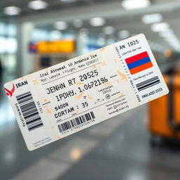 A realistic and detailed image of an air ticket, depicting a flight from Iran to Armenia on January 1, 2025