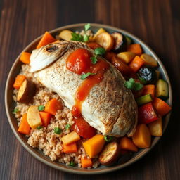 A healthy preparation of Thieboudienne, featuring a filet of grouper fish served over a bed of quinoa