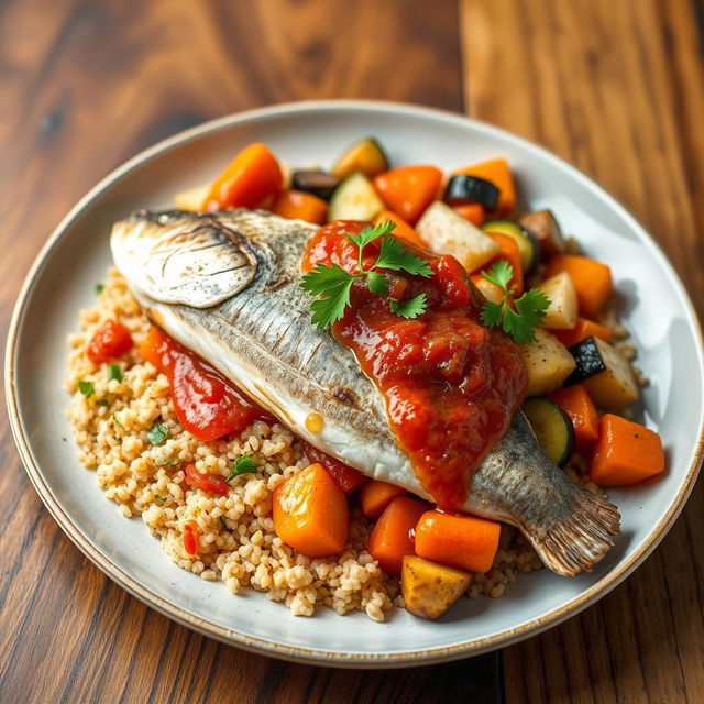 A healthy preparation of Thieboudienne, featuring a filet of grouper fish served over a bed of quinoa