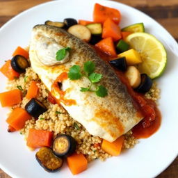 A healthy preparation of Thieboudienne, featuring a filet of grouper fish served over a bed of quinoa