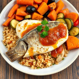 A healthy preparation of Thieboudienne, featuring a filet of grouper fish served over a bed of quinoa