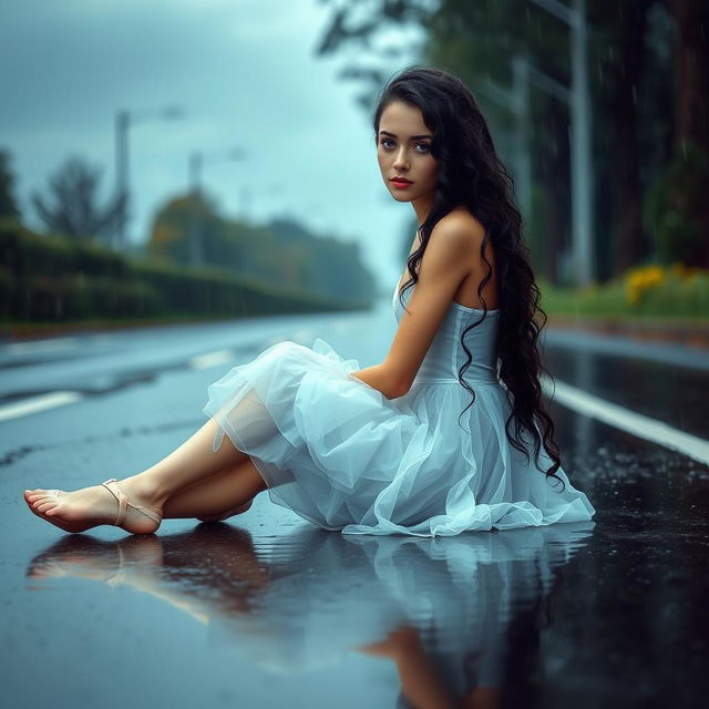 A beautiful and slender ballerina girl sitting on a rainy road, with her long, curly black hair and stunning blue eyes