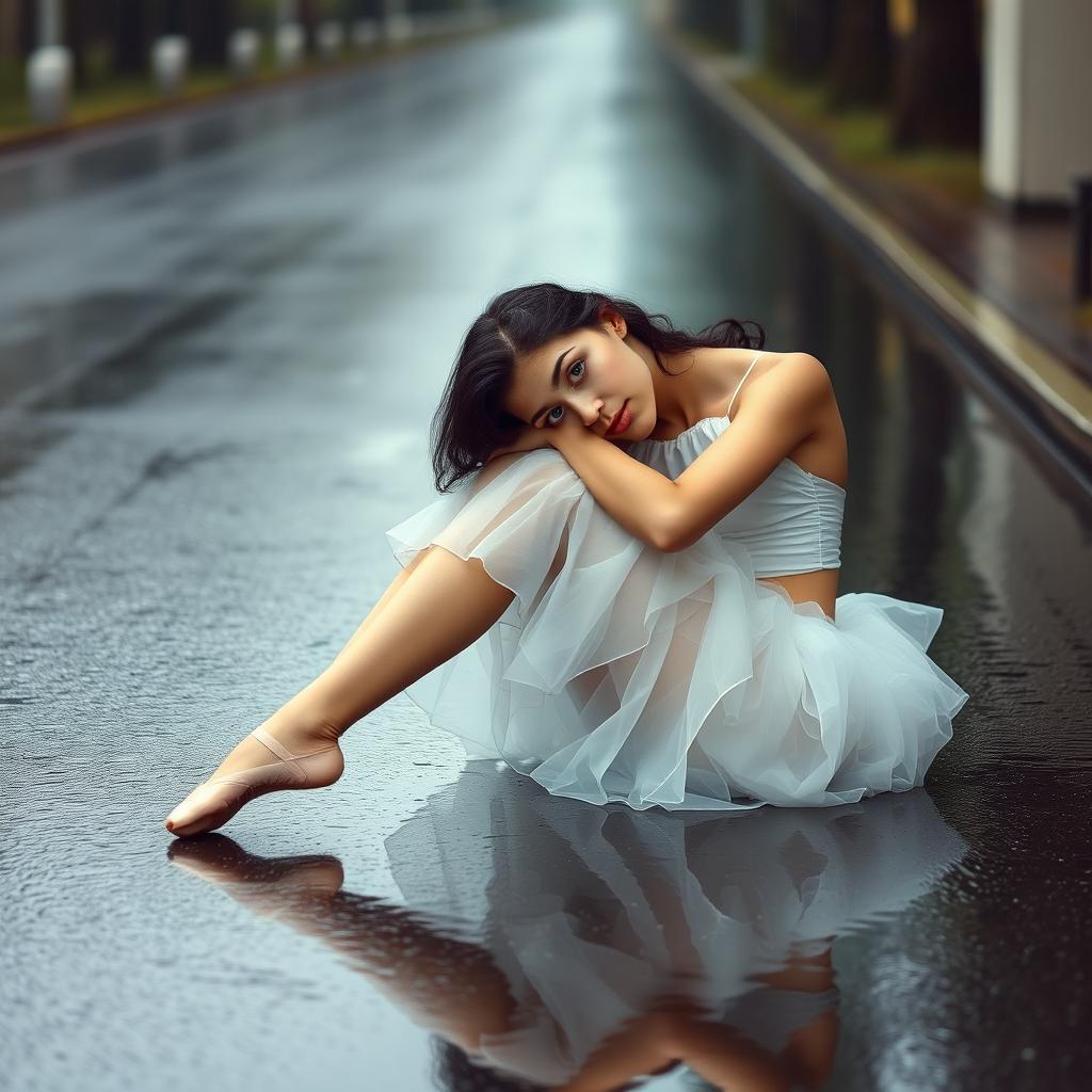 A beautiful and slender ballerina girl sitting on a rainy road, with her long, curly black hair and stunning blue eyes