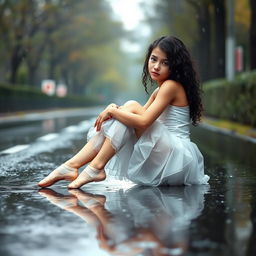 A beautiful and slender ballerina girl sitting on a rainy road, with her long, curly black hair and stunning blue eyes