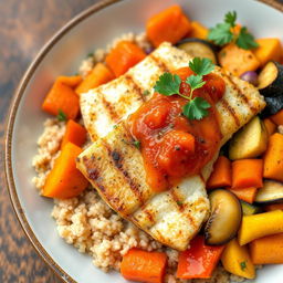 Prepare a healthy Thieboudienne dish featuring grilled grouper fillet pieces, served on a bed of quinoa
