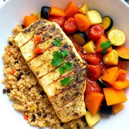 Prepare a healthy Thieboudienne dish featuring grilled grouper fillet pieces, served on a bed of quinoa