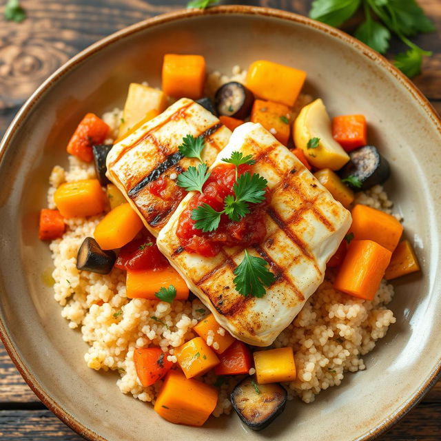 Prepare a healthy Thieboudienne dish featuring grilled grouper fillet pieces, served on a bed of quinoa