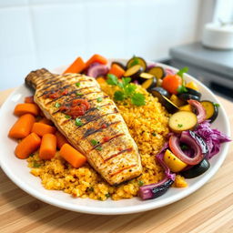 A beautifully arranged, healthy plate of Thieboudienne, featuring grilled grouper fillet cut pieces, served with vibrant quinoa, and a colorful assortment of vegetables including carrots, sweet potatoes, eggplant, zucchini, and cabbage