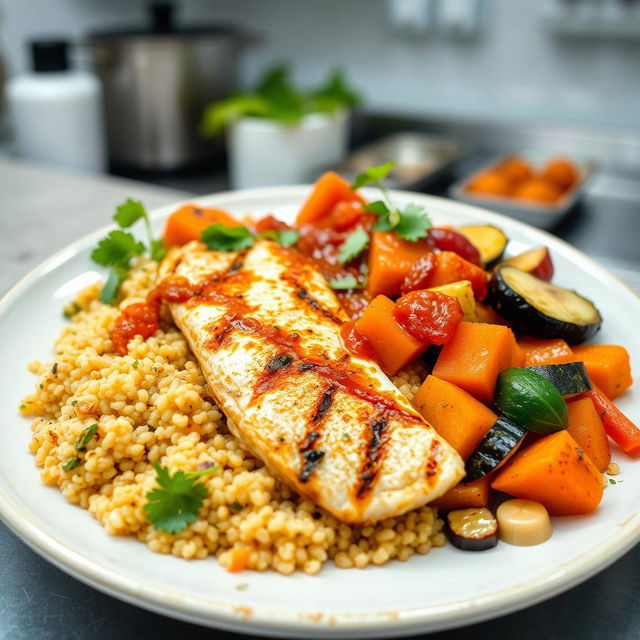 A beautifully arranged, healthy plate of Thieboudienne, featuring grilled grouper fillet cut pieces, served with vibrant quinoa, and a colorful assortment of vegetables including carrots, sweet potatoes, eggplant, zucchini, and cabbage