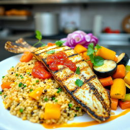 A beautifully arranged, healthy plate of Thieboudienne, featuring grilled grouper fillet cut pieces, served with vibrant quinoa, and a colorful assortment of vegetables including carrots, sweet potatoes, eggplant, zucchini, and cabbage