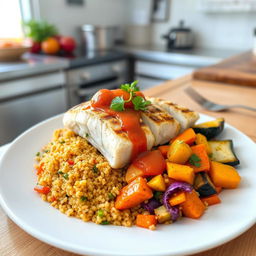 A beautifully arranged, healthy plate of Thieboudienne, featuring grilled grouper fillet cut pieces, served with vibrant quinoa, and a colorful assortment of vegetables including carrots, sweet potatoes, eggplant, zucchini, and cabbage