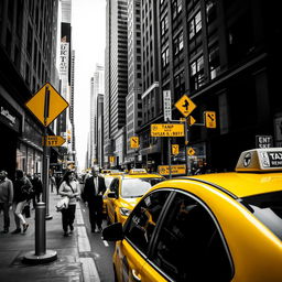 A striking image depicting an urban street scene, with vibrant yellow elements such as a taxi cab and street signs, while the rest of the image is rendered in dramatic black and white