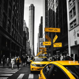 A striking image depicting an urban street scene, with vibrant yellow elements such as a taxi cab and street signs, while the rest of the image is rendered in dramatic black and white