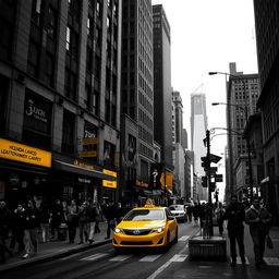 A striking image depicting an urban street scene, with vibrant yellow elements such as a taxi cab and street signs, while the rest of the image is rendered in dramatic black and white