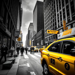 A striking image depicting an urban street scene, with vibrant yellow elements such as a taxi cab and street signs, while the rest of the image is rendered in dramatic black and white