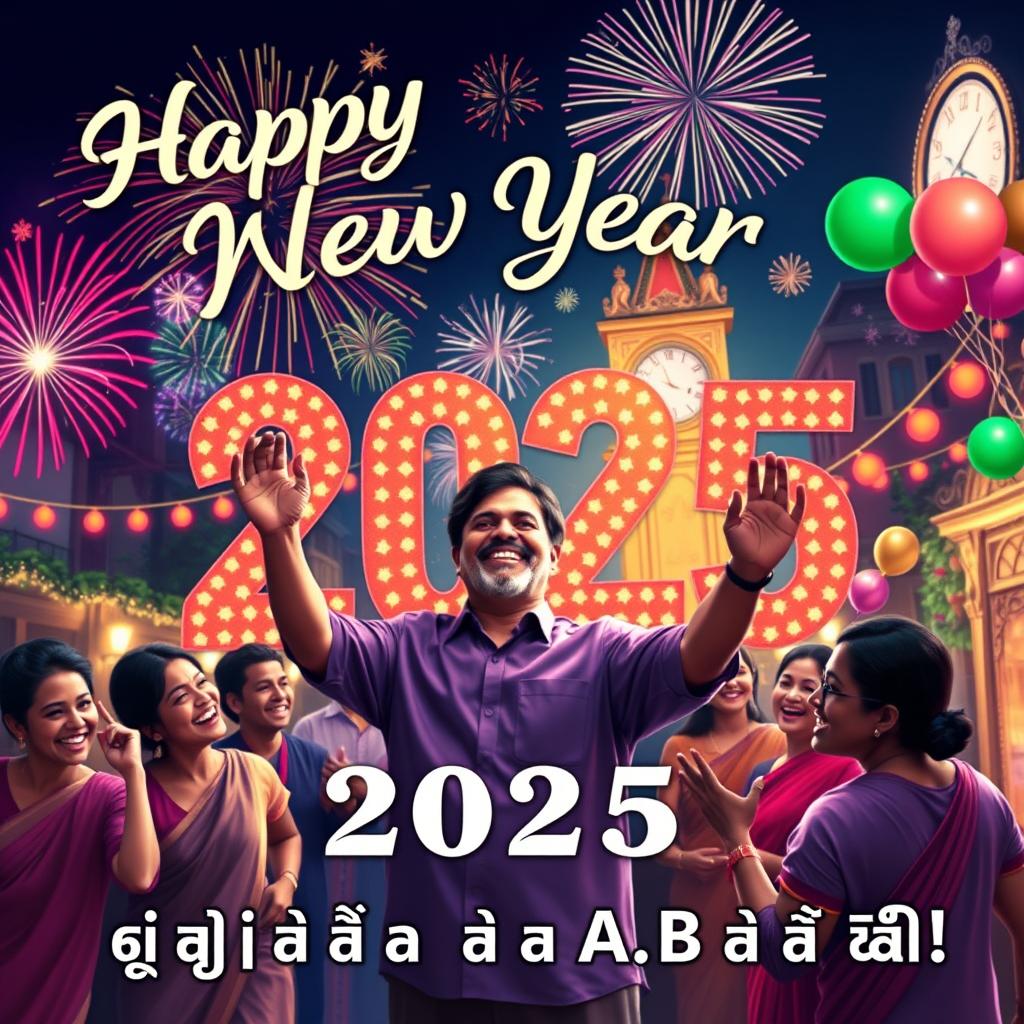 A vibrant and festive New Year celebration scene depicting the year 2025