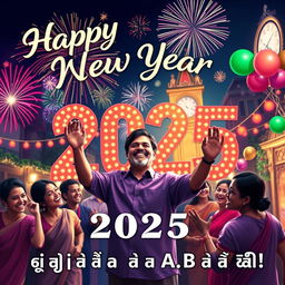 A vibrant and festive New Year celebration scene depicting the year 2025