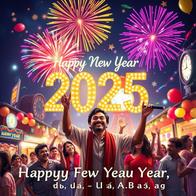 A vibrant and festive New Year celebration scene depicting the year 2025