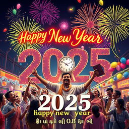 A vibrant and festive New Year celebration scene depicting the year 2025
