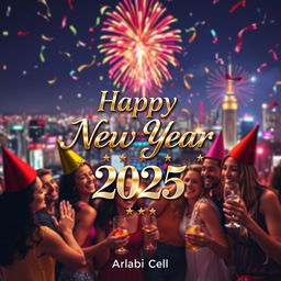 A festive and vibrant New Year 2025 greeting from 'Arbaji Cell', featuring colorful fireworks lighting up the night sky above a bustling city skyline