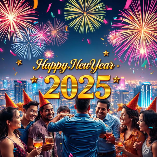 A festive and vibrant New Year 2025 greeting from 'Arbaji Cell', featuring colorful fireworks lighting up the night sky above a bustling city skyline