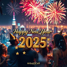 A festive and vibrant New Year 2025 greeting from 'Arbaji Cell', featuring colorful fireworks lighting up the night sky above a bustling city skyline
