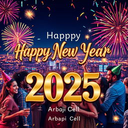 A festive and vibrant New Year 2025 greeting from 'Arbaji Cell', featuring colorful fireworks lighting up the night sky above a bustling city skyline