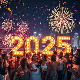 A vibrant and festive New Year celebration scene for 2025, featuring a dazzling array of fireworks lighting up a crystal-clear night sky, with a bustling city skyline in the background