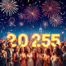 A vibrant and festive New Year celebration scene for 2025, featuring a dazzling array of fireworks lighting up a crystal-clear night sky, with a bustling city skyline in the background