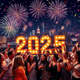 A vibrant and festive New Year celebration scene for 2025, featuring a dazzling array of fireworks lighting up a crystal-clear night sky, with a bustling city skyline in the background