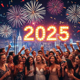 A vibrant and festive New Year celebration scene for 2025, featuring a dazzling array of fireworks lighting up a crystal-clear night sky, with a bustling city skyline in the background