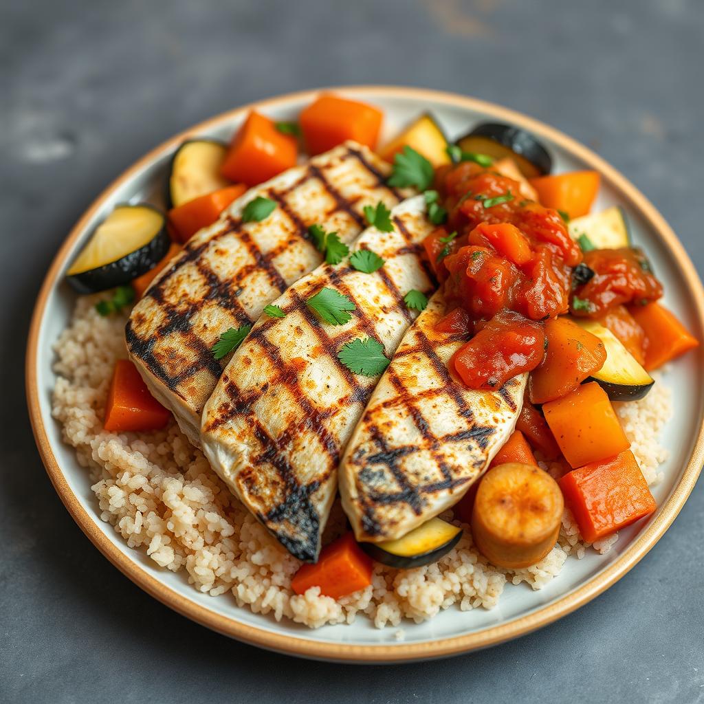 A vibrant plate of Thieboudienne, showcasing grilled fish fillets of grouper, served on a bed of fluffy quinoa