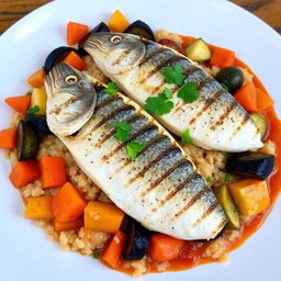 A vibrant plate of Thieboudienne, showcasing grilled fish fillets of grouper, served on a bed of fluffy quinoa