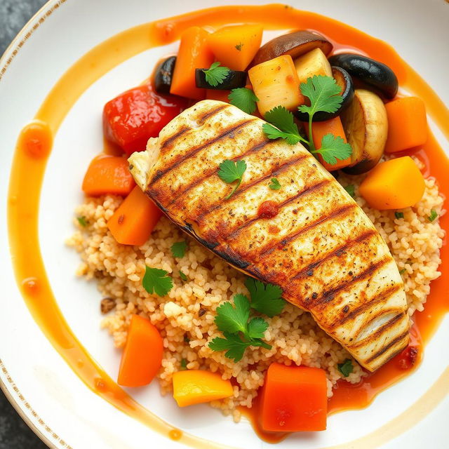 A vibrant plate of Thieboudienne, showcasing grilled fish fillets of grouper, served on a bed of fluffy quinoa