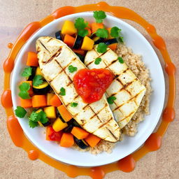 A vibrant plate of Thieboudienne, showcasing grilled fish fillets of grouper, served on a bed of fluffy quinoa