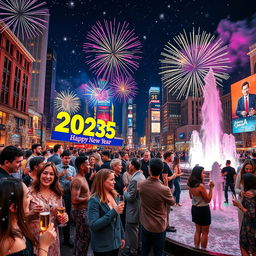 A vibrant and festive New Year's Eve celebration in a city square, featuring colorful fireworks lighting up the night sky